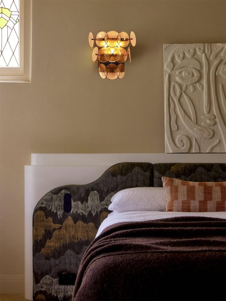 Mid-Century Clear Green Brass Glass Bedside Wall Sconce for Bedroom Decor