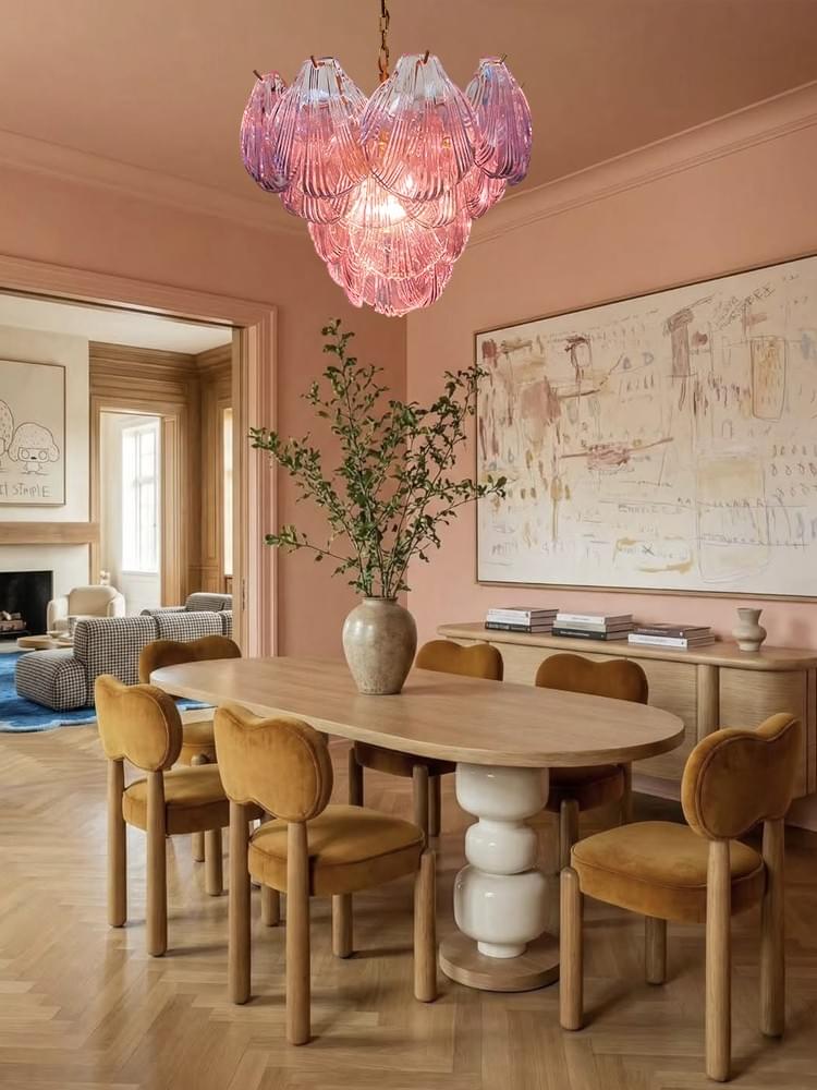 Pink Murano Glass Shell Chandelier – 36-Piece Italian Artisanal Lighting with Gold Frame for Luxury
