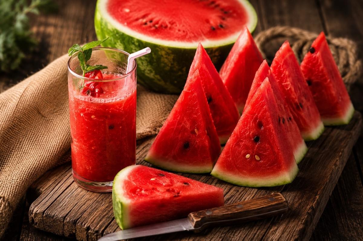 A glass of fresh watermelon juice with a straw next to several watermelon wedges on a wooden board. A glass of fresh watermelon juice with a straw next to several watermelon wedges on a wooden board.