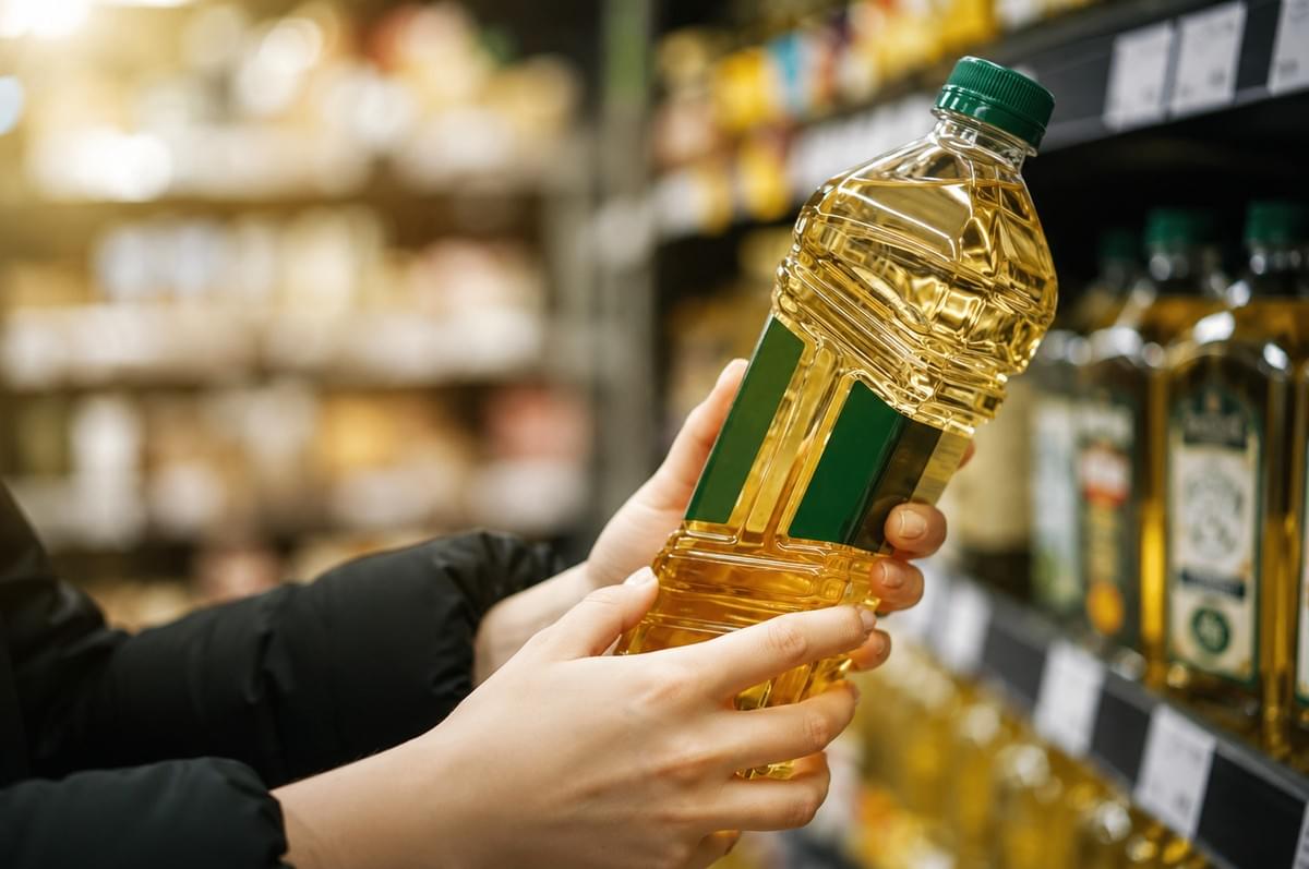 A close-up of a shopper's hands holding a large, clear plastic bottle of cooking oil in a supermarket aisle. A close-up of a shopper's hands holding a large, clear plastic bottle of cooking oil in a supermarket aisle.
