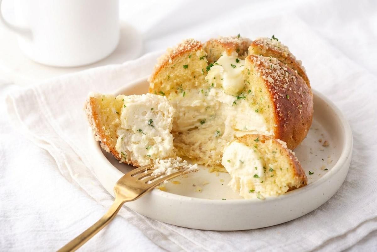Close-up of a fork scooping rich cream cheese filling from a split garlic bun. Close-up of a fork scooping rich cream cheese filling from a split garlic bun.