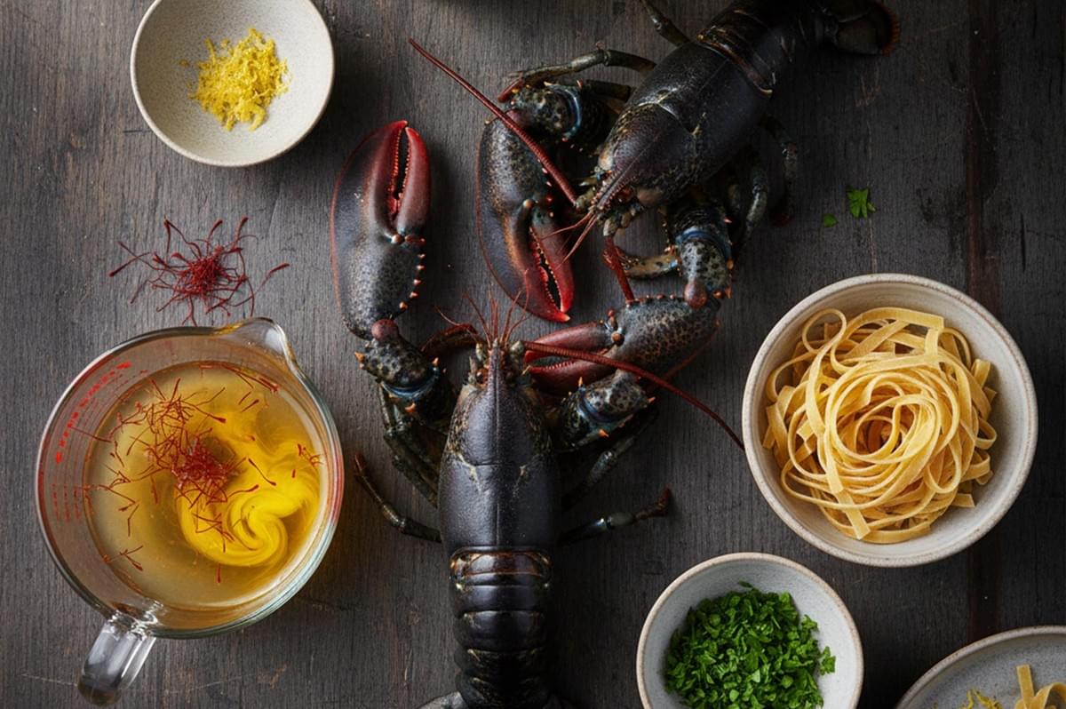 A close-up of golden saffron threads being steeped in a clear liquid, with fresh lobsters and lemon zest in the background. A close-up of golden saffron threads being steeped in a clear liquid, with fresh lobsters and lemon zest in the background.