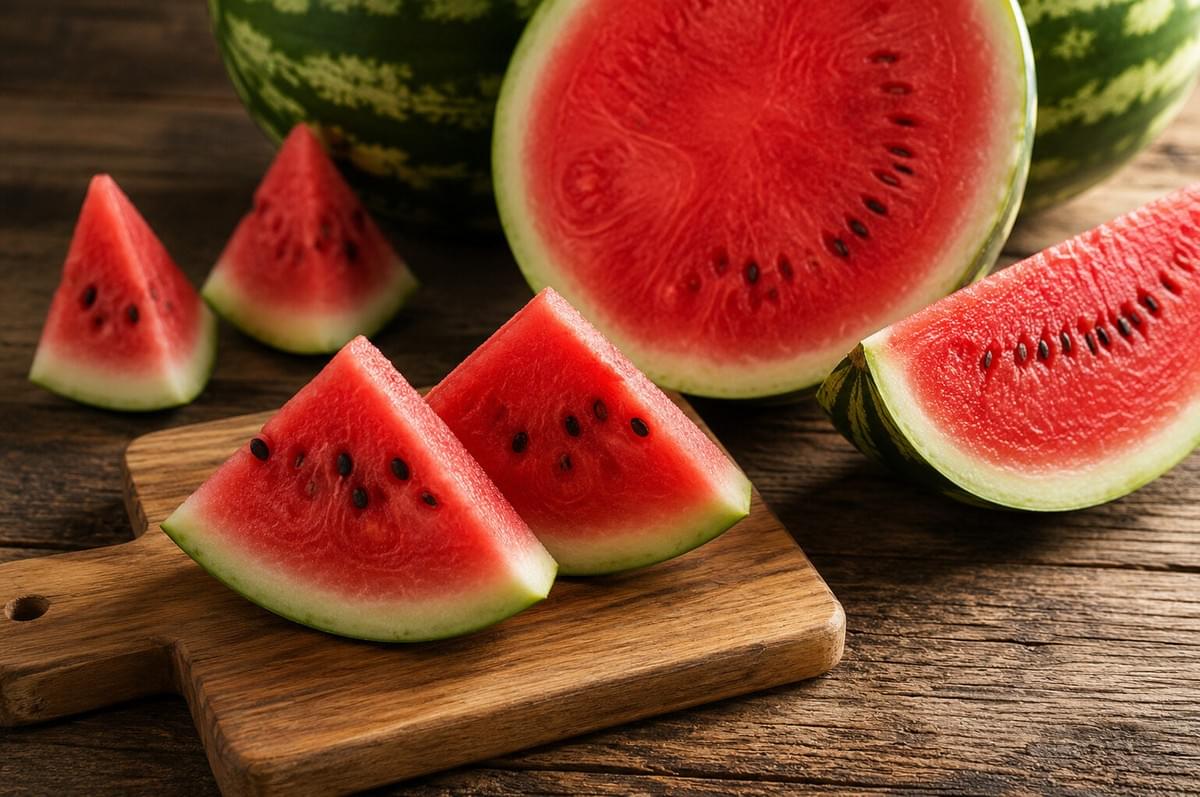 Fresh watermelon slices arranged on a small wooden board alongside whole cut watermelons. Fresh watermelon slices arranged on a small wooden board alongside whole cut watermelons.