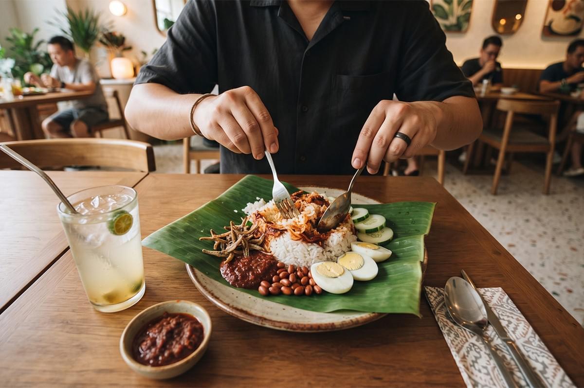 Person eating Nasi Lemak with sambal, peanuts, fried anchovies, and hard-boiled eggs on a banana leaf in a restaurant. Person eating Nasi Lemak with sambal, peanuts, fried anchovies, and hard-boiled eggs on a banana leaf in a restaurant.