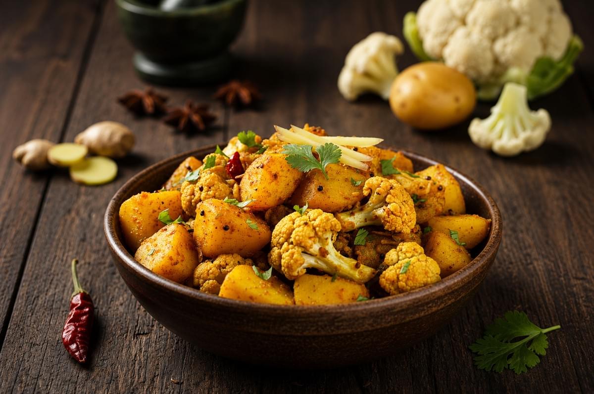 A bowl of spicing-roasted Aloo Gobi (potato and cauliflower) garnished with fresh cilantro and ginger julienne on a wooden table. A bowl of spicing-roasted Aloo Gobi (potato and cauliflower) garnished with fresh cilantro and ginger julienne on a wooden table.