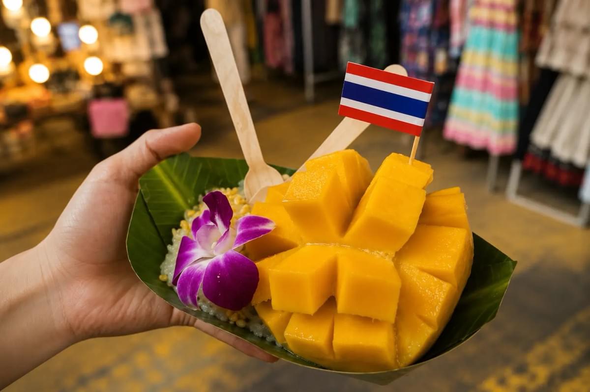 Hand holding a street food portion of mango sticky rice in a banana leaf boat with a small Thailand flag. Hand holding a street food portion of mango sticky rice in a banana leaf boat with a small Thailand flag.