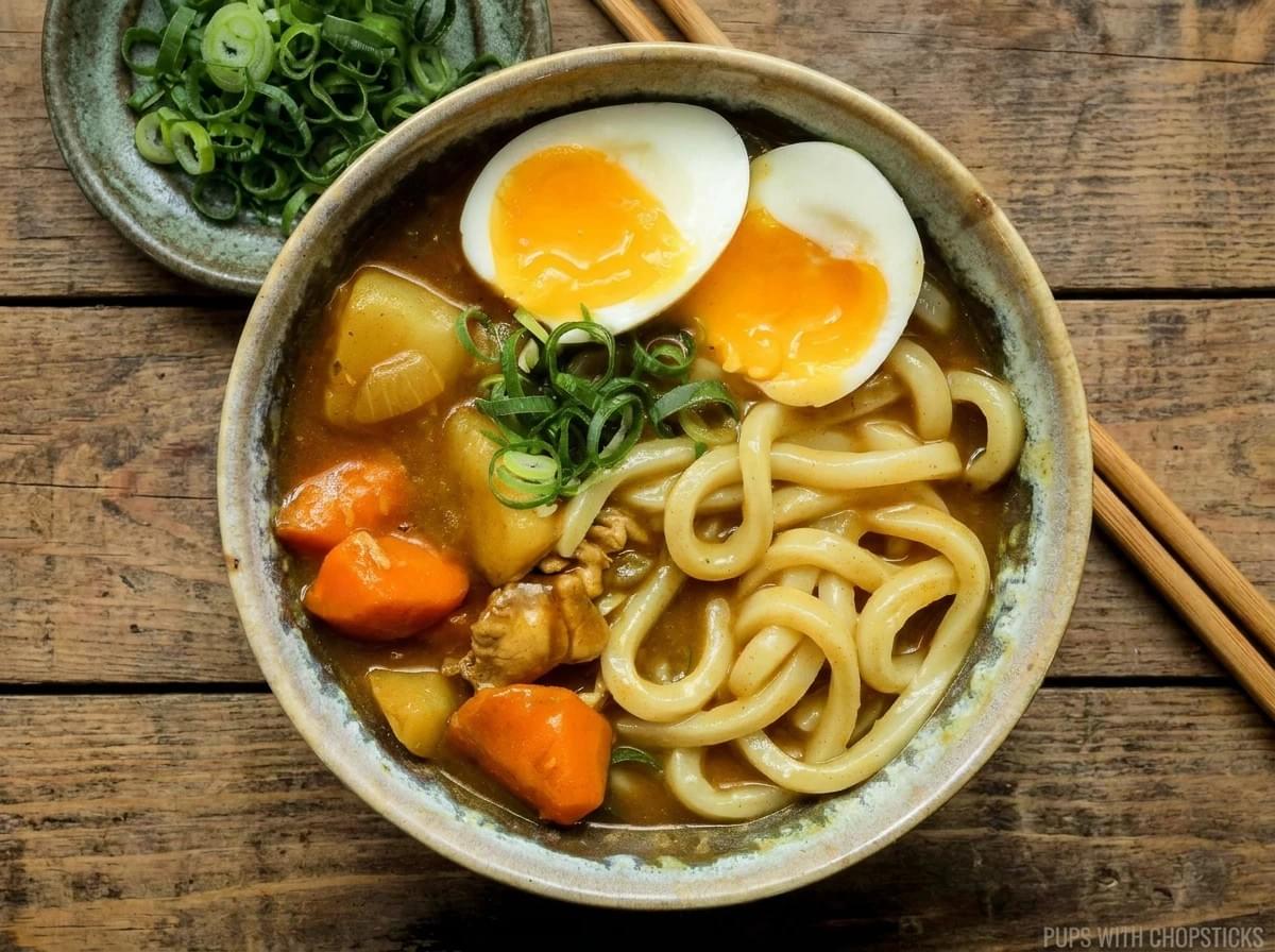 Top-down view of a bowl of curry udon garnished with soft-boiled eggs, potatoes, and carrots on a wooden surface. Top-down view of a bowl of curry udon garnished with soft-boiled eggs, potatoes, and carrots on a wooden surface.