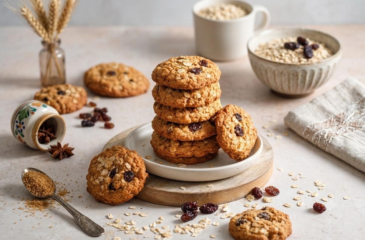 A stack of oatmeal raisin cookies on a small plate, surrounded by loose raisins, rolled oats, a spoonful of brown sugar, and a bowl of oats. A stack of oatmeal raisin cookies on a small plate, surrounded by loose raisins, rolled oats, a spoonful of brown sugar, and a bowl of oats.