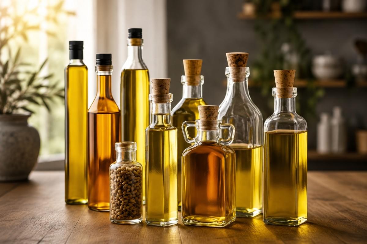 A variety of elegant glass bottles filled with different types and shades of cooking oil lined up on a wooden table. A variety of elegant glass bottles filled with different types and shades of cooking oil lined up on a wooden table.