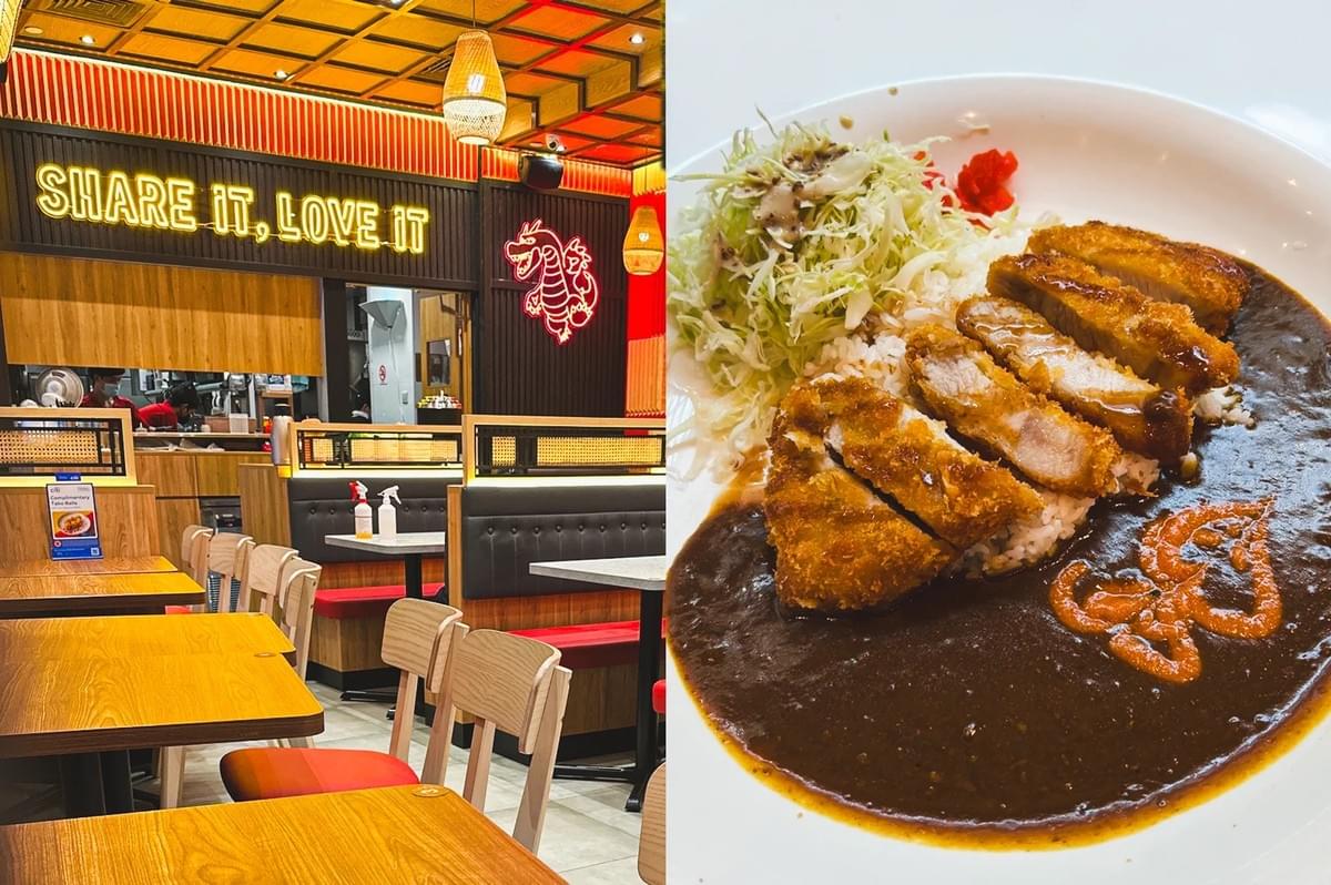 Left: An eye-level, medium shot of the Maruhachi Donburi & Curry food stall, presenting a vibrant red brand sign with white text, hanging red paper lanterns, a detailed illuminated overhead menu board, and a red-curtained kitchen window with an employee visible inside. Right: A top-down, close-up food shot focusing on a Japanese curry rice dish, displaying a thick, heavily breaded and sliced crispy golden katsu cutlet layered over white rice next to a pool of dark, textured brown curry sauce and a side of bright red pickled vegetables on a blue-rimmed white plate. Left: An eye-level, medium shot of the Maruhachi Donburi & Curry food stall, presenting a vibrant red brand sign with white text, hanging red paper lanterns, a detailed illuminated overhead menu board, and a red-curtained kitchen window with an employee visible inside. Right: A top-down, close-up food shot focusing on a Japanese curry rice dish, displaying a thick, heavily breaded and sliced crispy golden katsu cutlet layered over white rice next to a pool of dark, textured brown curry sauce and a side of bright red pickled vegetables on a blue-rimmed white plate.