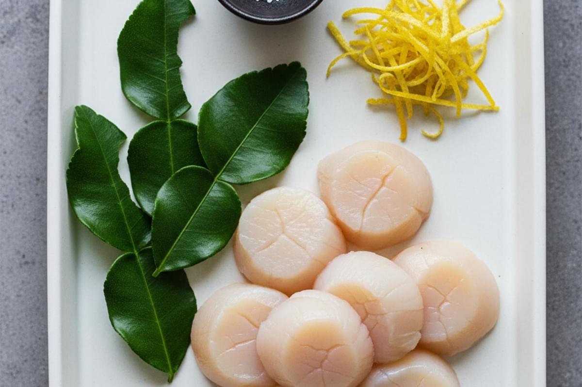 Overhead view of fresh raw scallops on a white tray with aromatics including bright green kaffir lime leaves and yellow lemon zest. Overhead view of fresh raw scallops on a white tray with aromatics including bright green kaffir lime leaves and yellow lemon zest.