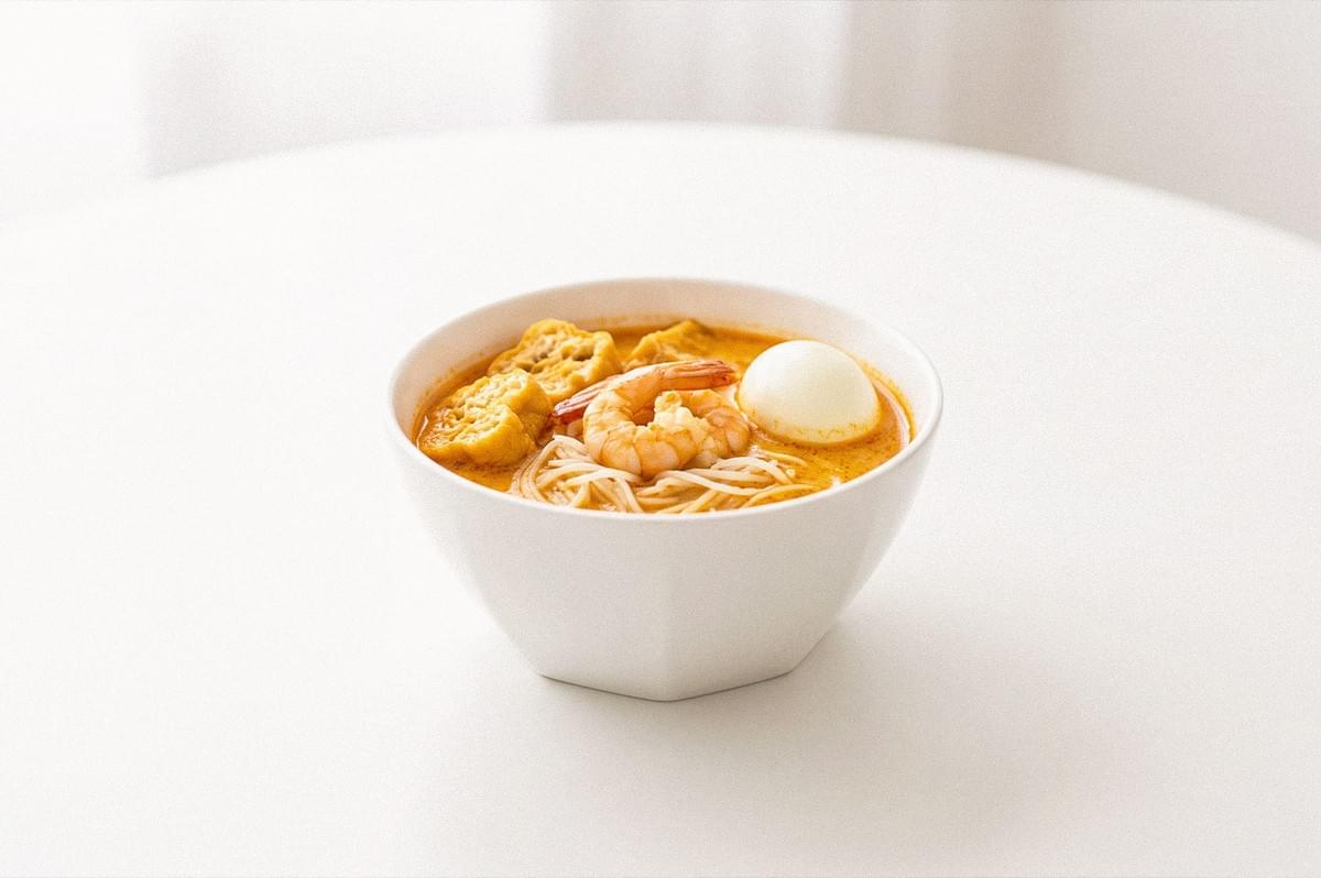 Bowl of creamy curry noodle soup topped with prawns, tofu puffs, fish cake, and a boiled egg. Bowl of creamy curry noodle soup topped with prawns, tofu puffs, fish cake, and a boiled egg.