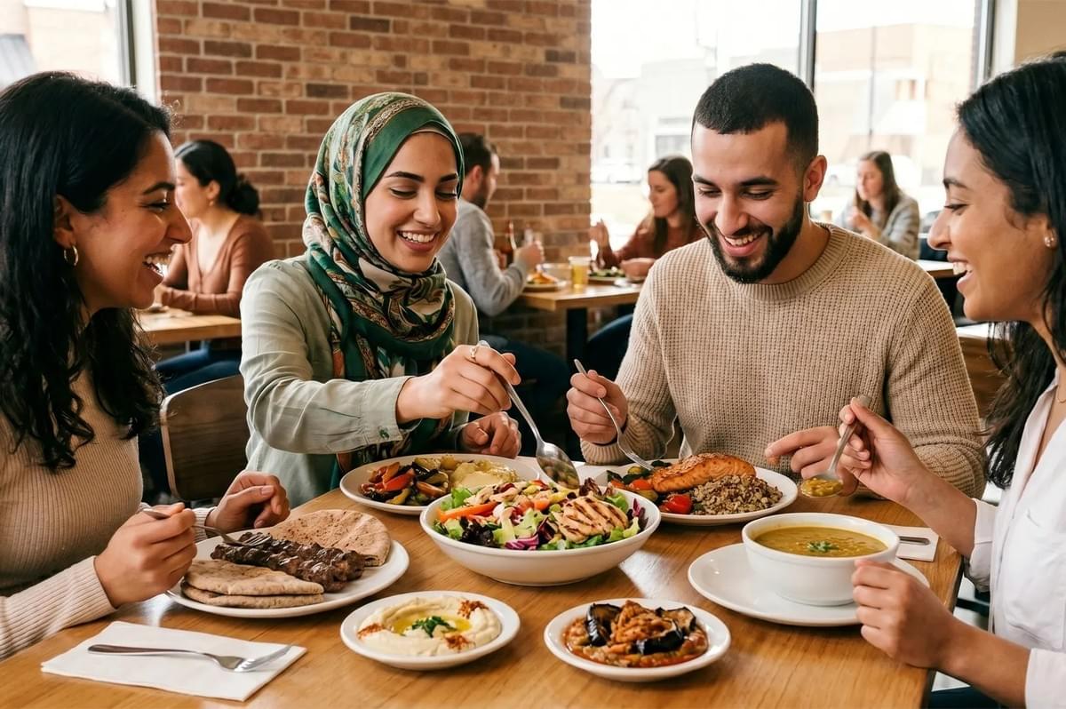 A group of diverse friends smiling and sharing a Mediterranean meal at a restaurant table. A group of diverse friends smiling and sharing a Mediterranean meal at a restaurant table.