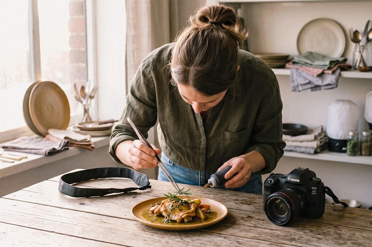 A food photographer styles a plated chicken dish with tweezers and a squeeze bottle beside a professional camera. A food photographer styles a plated chicken dish with tweezers and a squeeze bottle beside a professional camera.
