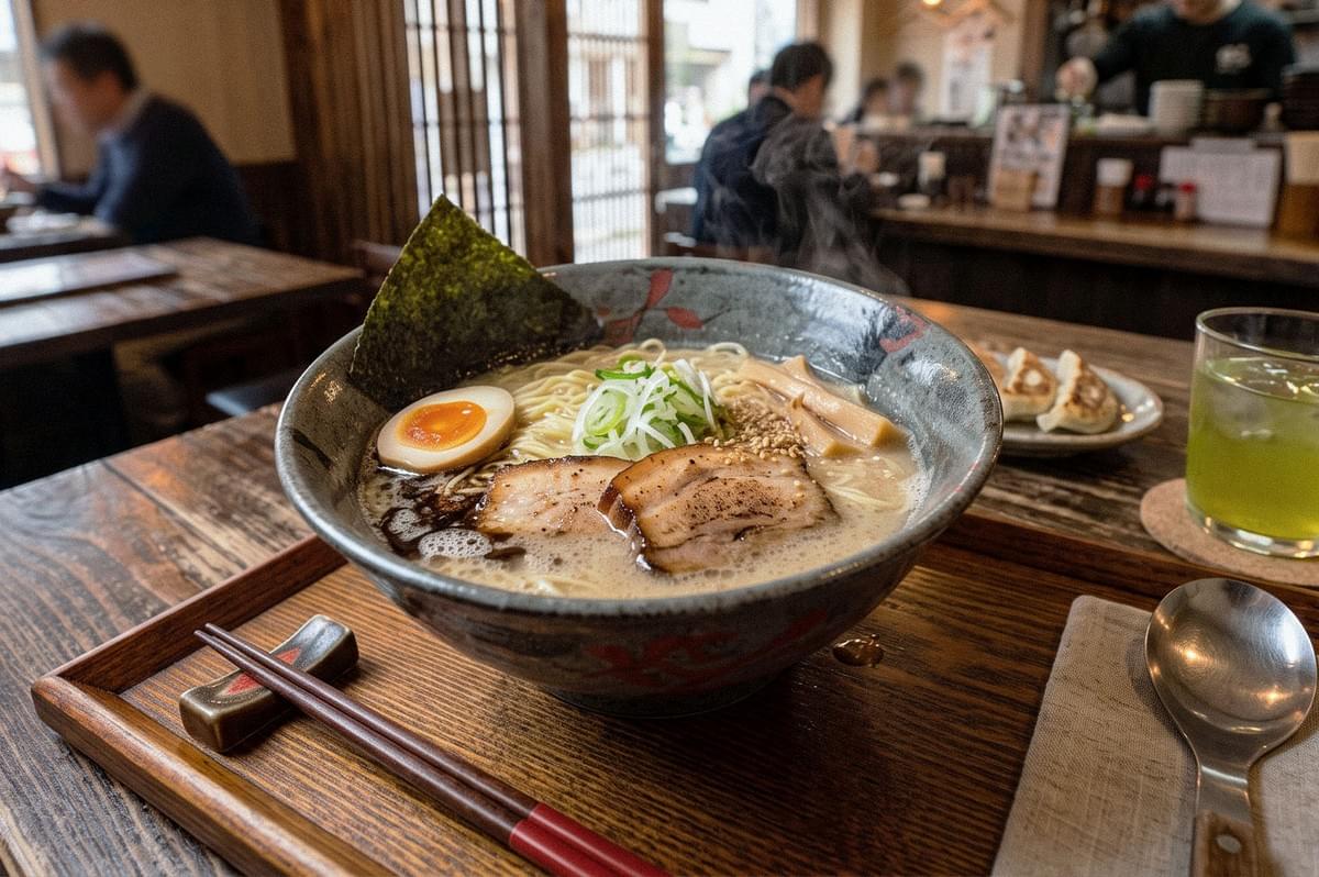 Bowl of steaming ramen topped with chashu pork, a soft-boiled egg, bamboo shoots, green onions, and seaweed, served with gyoza and a drink on the side. Bowl of steaming ramen topped with chashu pork, a soft-boiled egg, bamboo shoots, green onions, and seaweed, served with gyoza and a drink on the side.