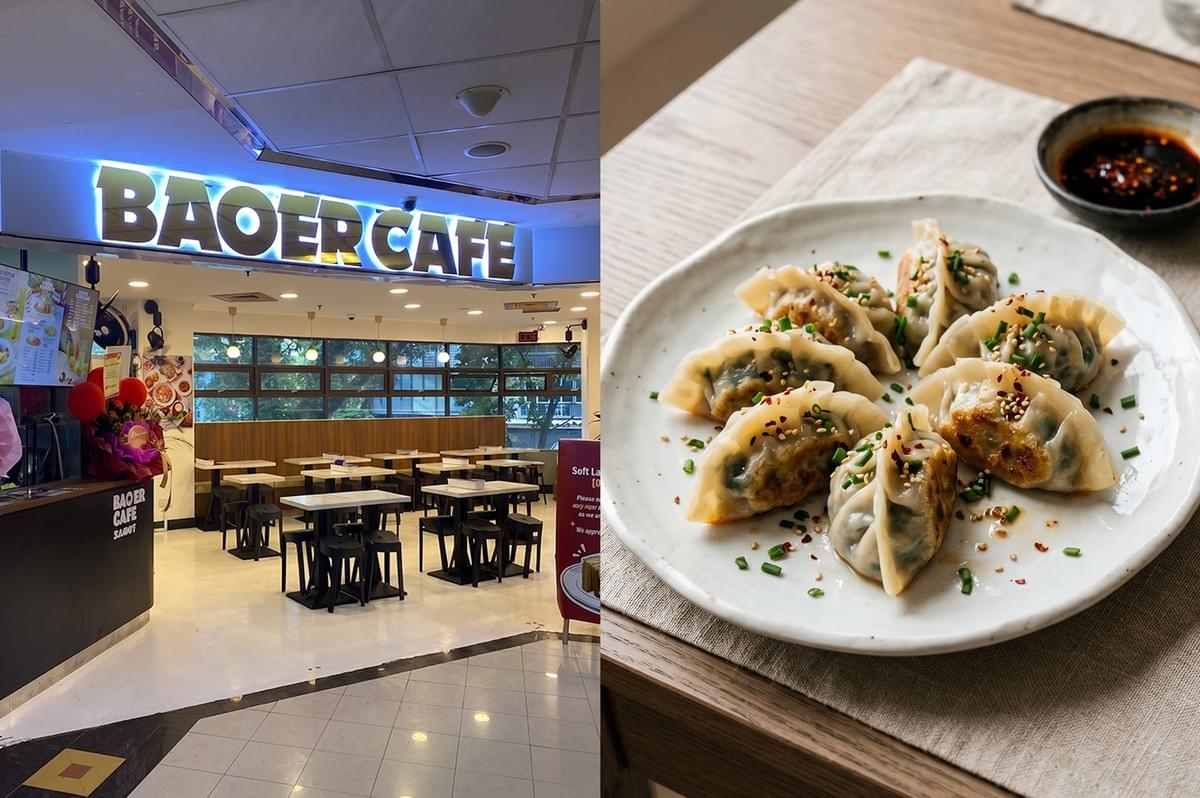 The storefront of Baoer Cafe alongside a plate of freshly served pan-fried dumplings garnished with sesame seeds and chives. The storefront of Baoer Cafe alongside a plate of freshly served pan-fried dumplings garnished with sesame seeds and chives.