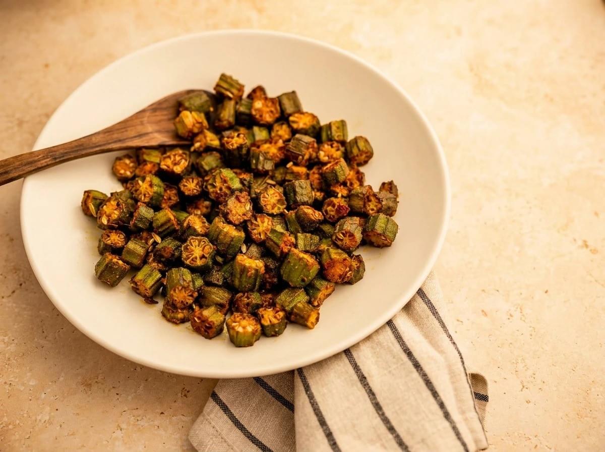 A top-down angle of roasted, deeply browned okra segments piled in a white ceramic bowl. The bowl rests on a light-colored countertop next to a striped kitchen towel, with a wooden spoon tucked into the side. A top-down angle of roasted, deeply browned okra segments piled in a white ceramic bowl. The bowl rests on a light-colored countertop next to a striped kitchen towel, with a wooden spoon tucked into the side.