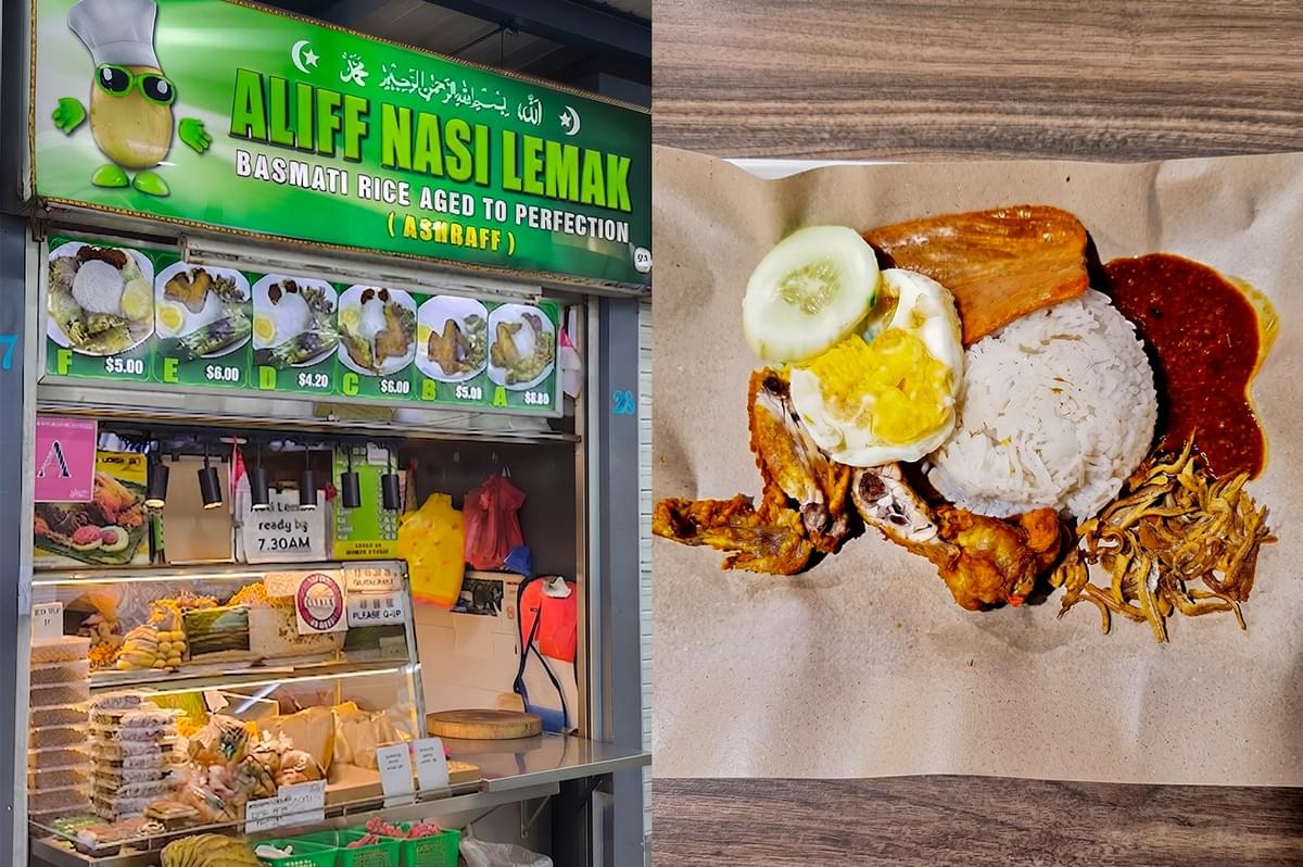 Aliff Nasi Lemak stall storefront and a plate of basmati rice nasi lemak with fried chicken, egg, cucumber, and sambal. Aliff Nasi Lemak stall storefront and a plate of basmati rice nasi lemak with fried chicken, egg, cucumber, and sambal.