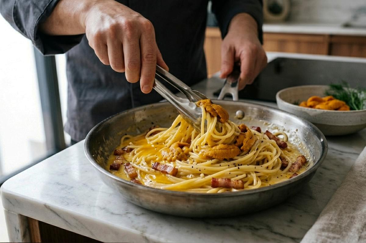 A close-up, action shot of a chef finishing a Uni Carbonara in a large stainless steel skillet. The chef, wearing a dark grey jacket, uses metal tongs to swirl long strands of spaghetti through a creamy, vibrant yellow sauce. Pieces of browned guanciale and several fresh lobes of orange uni are scattered throughout the pan, some partially melted into the sauce to add richness. The skillet rests on a marble counter next to a small bowl of extra sea urchin and fresh dill. A close-up, action shot of a chef finishing a Uni Carbonara in a large stainless steel skillet. The chef, wearing a dark grey jacket, uses metal tongs to swirl long strands of spaghetti through a creamy, vibrant yellow sauce. Pieces of browned guanciale and several fresh lobes of orange uni are scattered throughout the pan, some partially melted into the sauce to add richness. The skillet rests on a marble counter next to a small bowl of extra sea urchin and fresh dill.