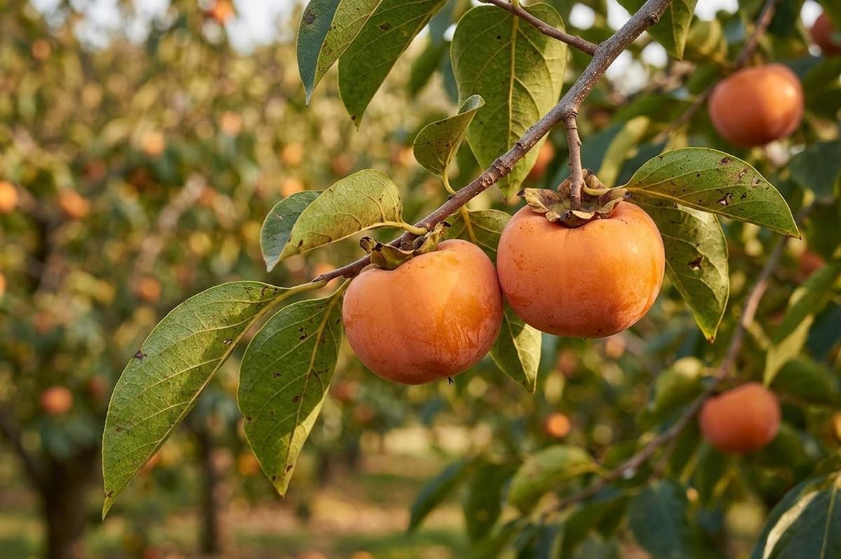Ripe persimmons hanging on tree branch in orchard Ripe persimmons hanging on tree branch in orchard
