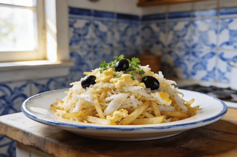 A side-view of a plated Bacalhau à Brás, showing a high mound of shredded salt cod, golden matchstick fries, and creamy scrambled eggs, topped with black olives and fresh parsley against a rustic tiled kitchen background. A side-view of a plated Bacalhau à Brás, showing a high mound of shredded salt cod, golden matchstick fries, and creamy scrambled eggs, topped with black olives and fresh parsley against a rustic tiled kitchen background.
