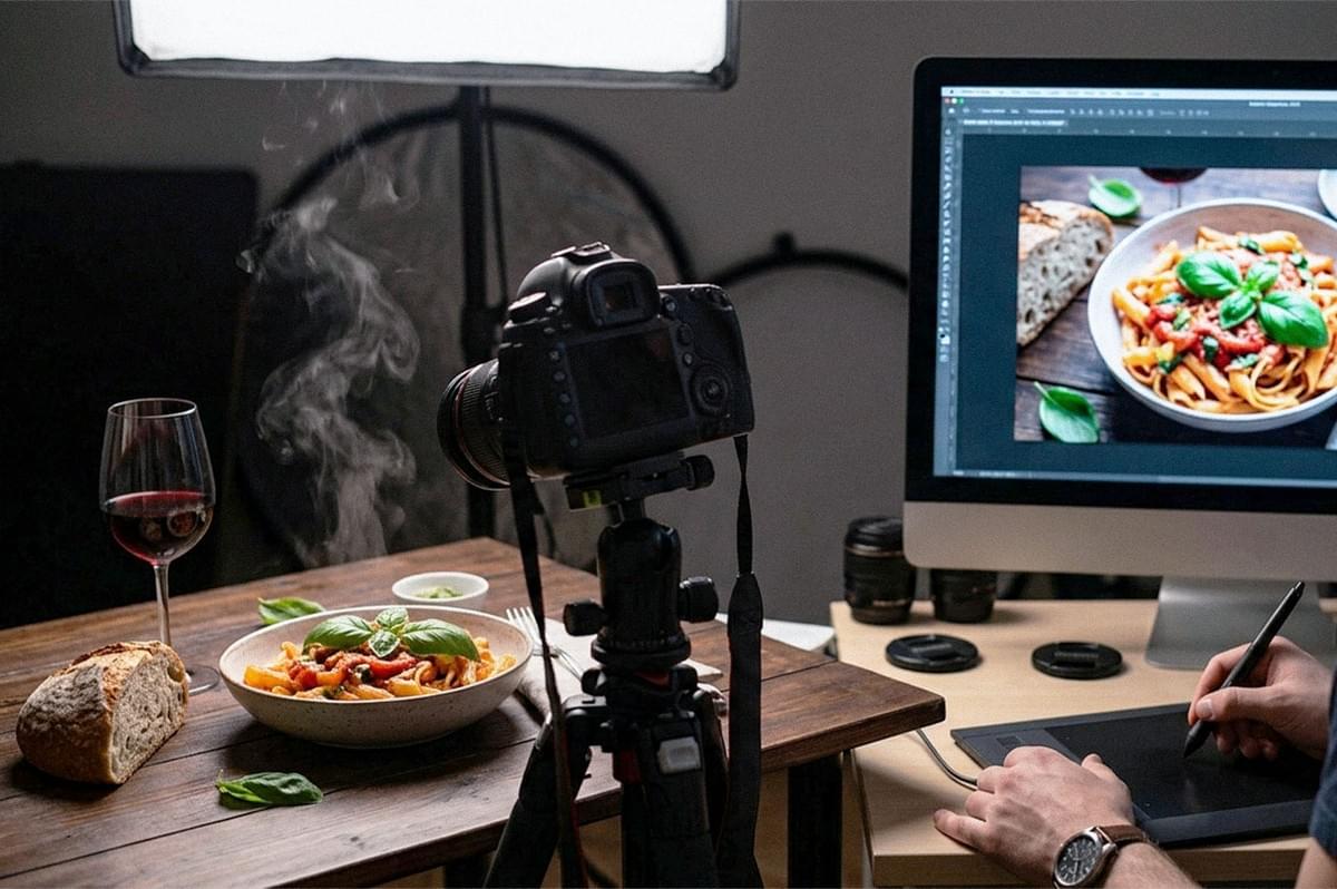 A food photographer uses a DSLR camera on a tripod to photograph a bowl of pasta with basil, while the dish is displayed on a computer monitor for editing. A food photographer uses a DSLR camera on a tripod to photograph a bowl of pasta with basil, while the dish is displayed on a computer monitor for editing.