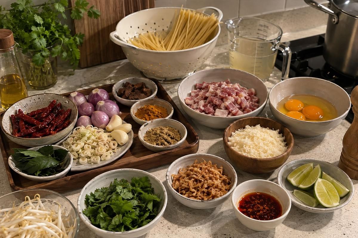 A top-down ingredient display features bowls of raw pancetta cubes, egg yolks, grated cheese, dried chilies, shallots, lemongrass, cilantro, lime wedges, bean sprouts, and dry spaghetti in a colander on a kitchen counter. A top-down ingredient display features bowls of raw pancetta cubes, egg yolks, grated cheese, dried chilies, shallots, lemongrass, cilantro, lime wedges, bean sprouts, and dry spaghetti in a colander on a kitchen counter.