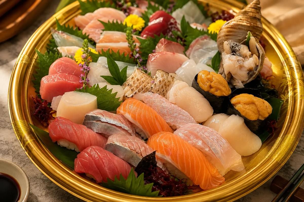 A large, round platter artfully arranged with assorted sashimi, nigiri, sea urchin, scallops, and a conch shell. A large, round platter artfully arranged with assorted sashimi, nigiri, sea urchin, scallops, and a conch shell.