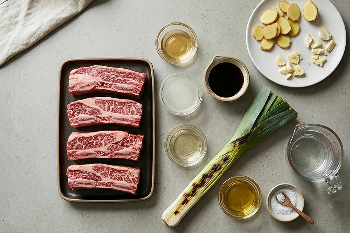 An overhead, flat-lay photograph on a light grey concrete countertop, capturing all the raw ingredients for braised short ribs. The top-left features a beige linen napkin. The centerpiece is a rustic black rectangular tray holding four raw, well-marbled beef short rib blocks, neatly stacked. To the right, on a white plate, are sliced fresh ginger (approx. 8 slices) and roughly crushed garlic cloves. Five small glass bowls are arranged below the meat tray and above the leek: from top-to-bottom and left-to-right, they contain dashi broth (clear-ish), sake (clear), mirin (pale amber), soy sauce (dark brown), and sesame oil (golden). Below the liquid bowls is a single whole leek, deeply grilled with prominent char marks and splits on its length. To the far right, a small glass pitcher of water is next to a tiny pottery bowl of coarse sea salt with a wooden spoon. The lighting is natural and even. An overhead, flat-lay photograph on a light grey concrete countertop, capturing all the raw ingredients for braised short ribs. The top-left features a beige linen napkin. The centerpiece is a rustic black rectangular tray holding four raw, well-marbled beef short rib blocks, neatly stacked. To the right, on a white plate, are sliced fresh ginger (approx. 8 slices) and roughly crushed garlic cloves. Five small glass bowls are arranged below the meat tray and above the leek: from top-to-bottom and left-to-right, they contain dashi broth (clear-ish), sake (clear), mirin (pale amber), soy sauce (dark brown), and sesame oil (golden). Below the liquid bowls is a single whole leek, deeply grilled with prominent char marks and splits on its length. To the far right, a small glass pitcher of water is next to a tiny pottery bowl of coarse sea salt with a wooden spoon. The lighting is natural and even.