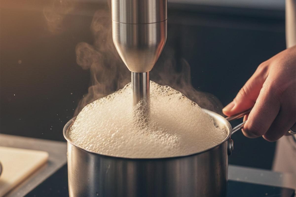 A chef using a stainless steel immersion blender in a small pot to create a light, frothy culinary foam for a seafood dish. A chef using a stainless steel immersion blender in a small pot to create a light, frothy culinary foam for a seafood dish.