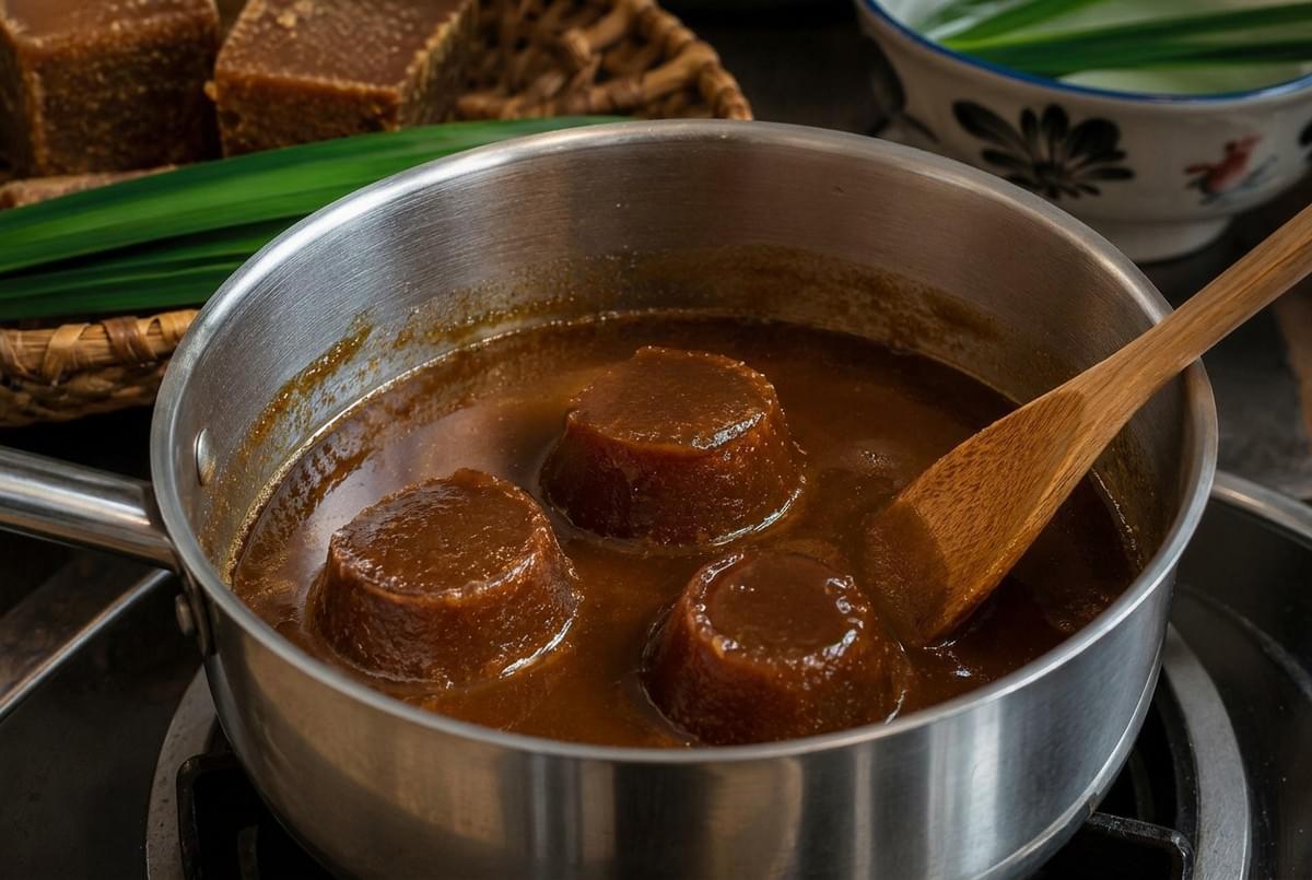 Blocks of palm sugar melting in a saucepan with a wooden spoon for making syrup. Blocks of palm sugar melting in a saucepan with a wooden spoon for making syrup.