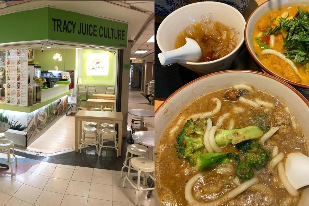 The image on the left shows the storefront of Tracy Juice Culture, a small indoor eatery with a green sign, wooden tables, and white stools. The right side features a close-up of three bowls filled with thick noodles in a savory broth with broccoli, a bright orange laksa-style dish, and a clear dessert soup. The image on the left shows the storefront of Tracy Juice Culture, a small indoor eatery with a green sign, wooden tables, and white stools. The right side features a close-up of three bowls filled with thick noodles in a savory broth with broccoli, a bright orange laksa-style dish, and a clear dessert soup.