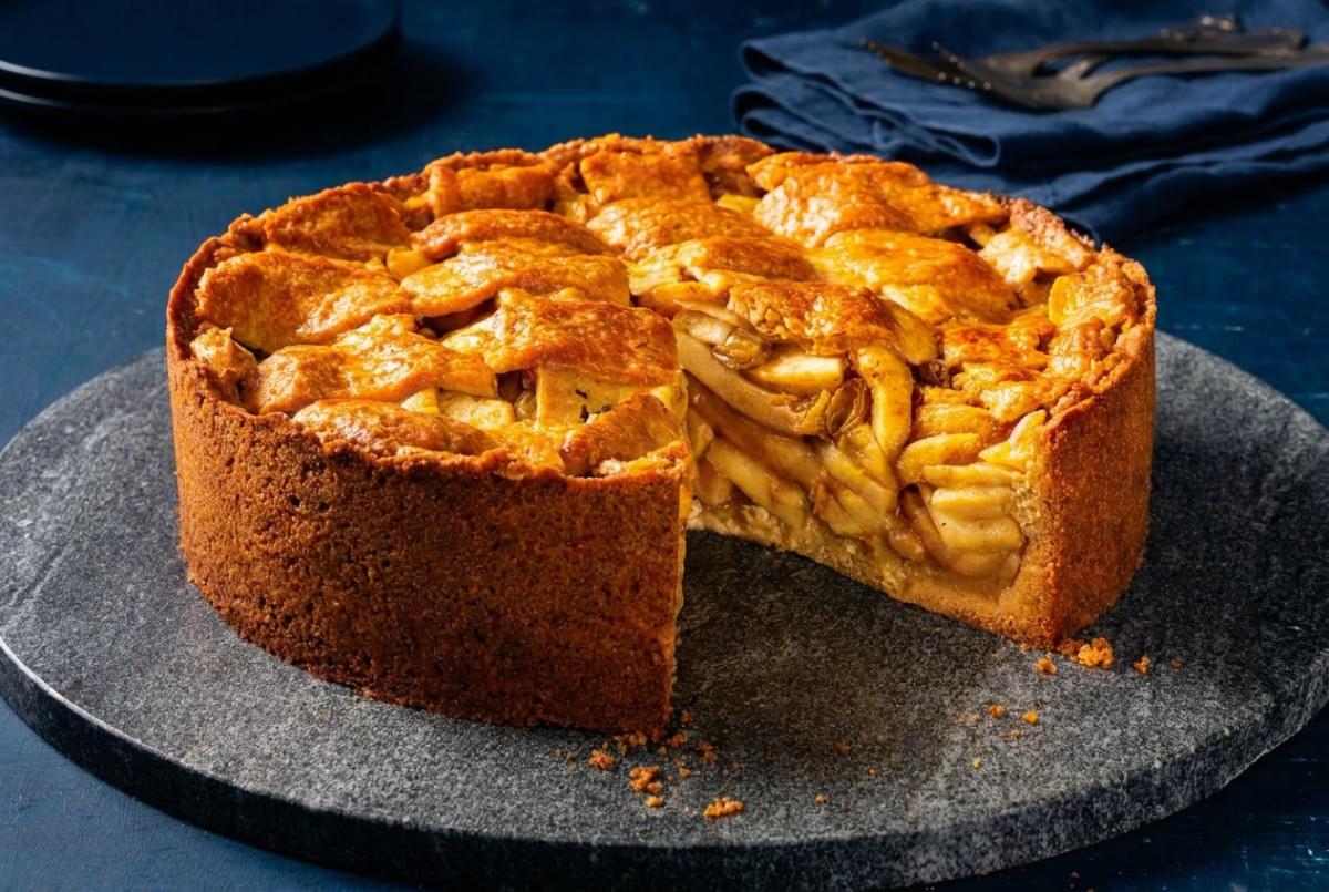 Hands laying raw pie dough over sliced apples inside a pie dish. Hands laying raw pie dough over sliced apples inside a pie dish.