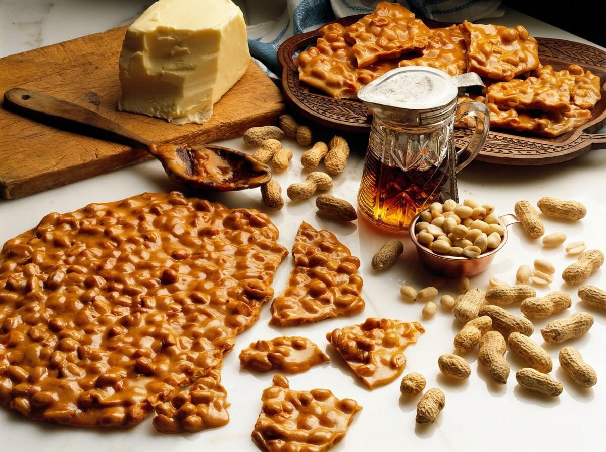 Homemade peanut brittle shown with its ingredients, featuring a large slab and broken pieces alongside a block of butter, whole peanuts in shells, shelled peanuts in a copper cup, and a glass pitcher of syrup. Homemade peanut brittle shown with its ingredients, featuring a large slab and broken pieces alongside a block of butter, whole peanuts in shells, shelled peanuts in a copper cup, and a glass pitcher of syrup.