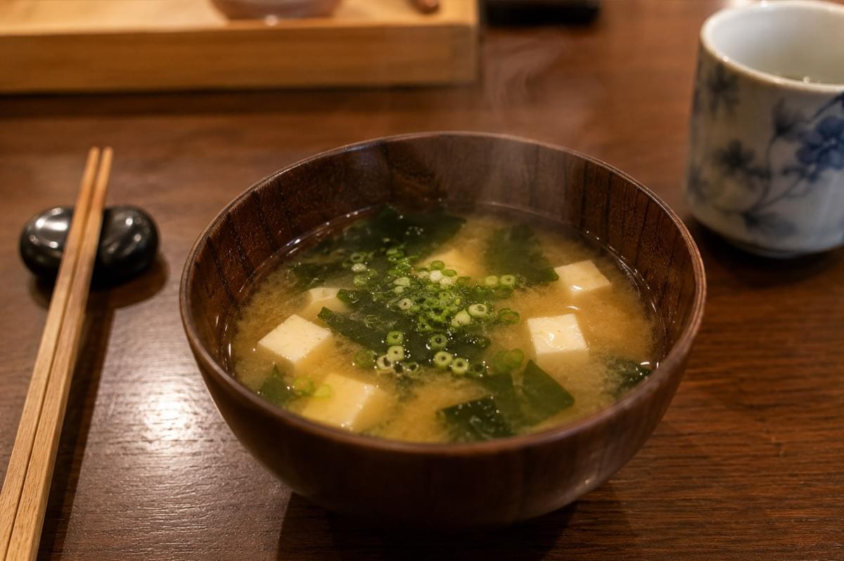 A rustic wooden bowl filled with steaming miso soup sits centered on a dark wooden tabletop, filled with silken tofu cubes, wakame seaweed, and a sprinkle of finely chopped green onions floating on top. To the left, wooden chopsticks rest on a dark oval chopstick stand, while a blue-and-white patterned ceramic teacup rests in the soft-focus background on the right. A rustic wooden bowl filled with steaming miso soup sits centered on a dark wooden tabletop, filled with silken tofu cubes, wakame seaweed, and a sprinkle of finely chopped green onions floating on top. To the left, wooden chopsticks rest on a dark oval chopstick stand, while a blue-and-white patterned ceramic teacup rests in the soft-focus background on the right.