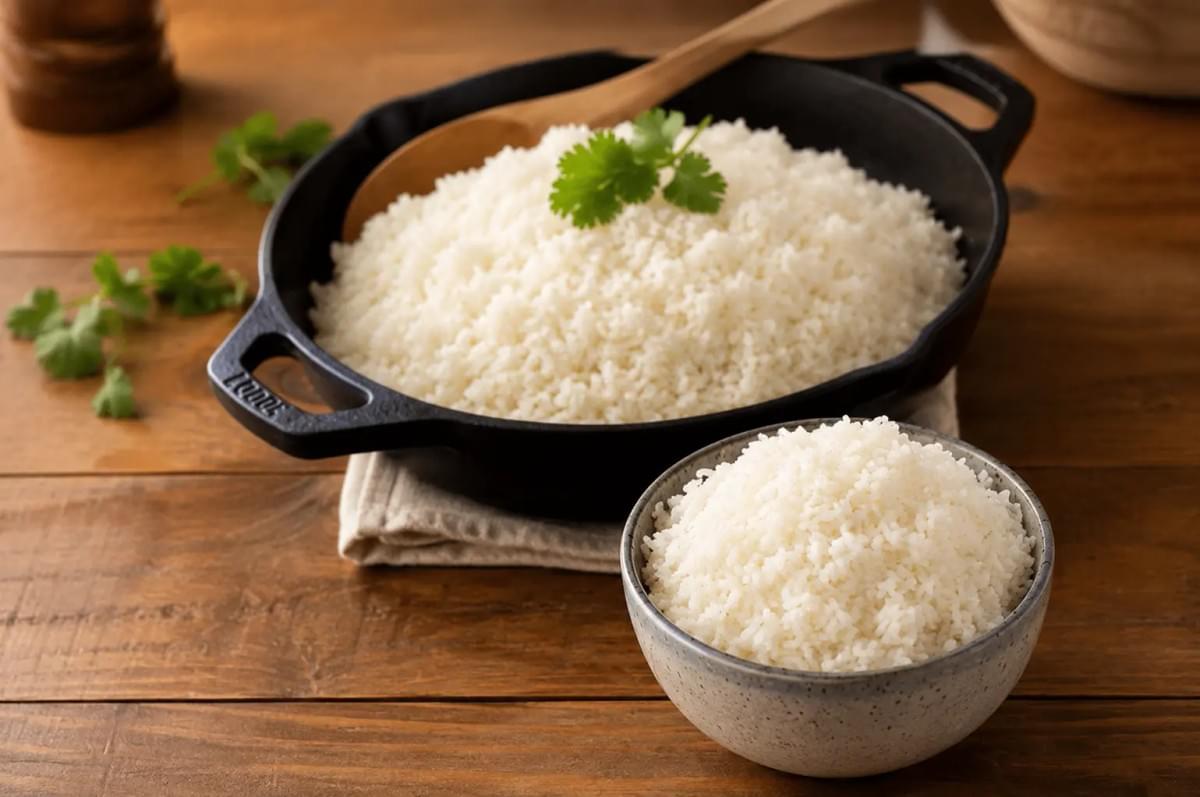 Servings of cooked white rice presented in a dark cast-iron skillet and a small ceramic bowl on a wooden table. Servings of cooked white rice presented in a dark cast-iron skillet and a small ceramic bowl on a wooden table.