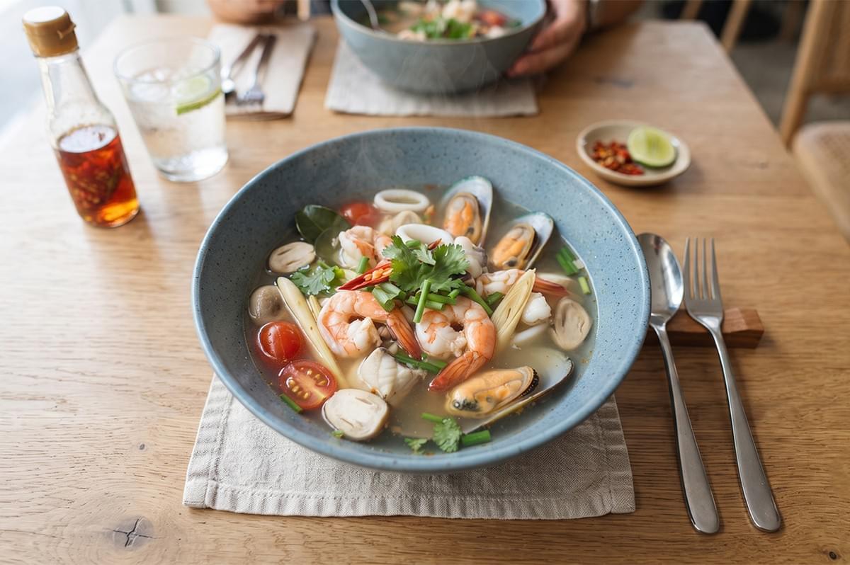 Bowl of authentic Clear Tom Yum Seafood Soup with shrimp, mussels, and fresh Thai herbs on a wooden table. Bowl of authentic Clear Tom Yum Seafood Soup with shrimp, mussels, and fresh Thai herbs on a wooden table.