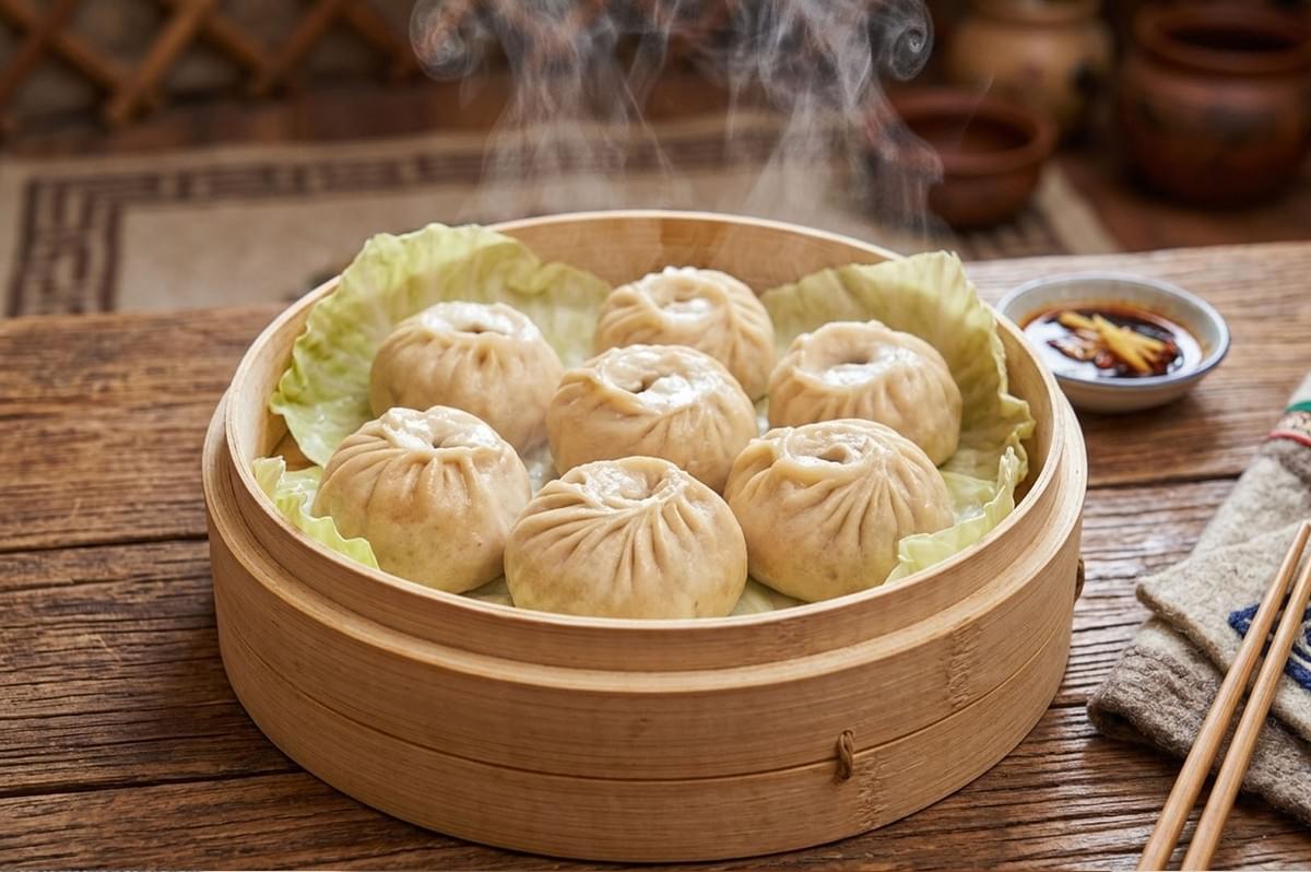 Bamboo steamer basket filled with steaming Mongolian buuz dumplings served with soy dipping sauce and chopsticks Bamboo steamer basket filled with steaming Mongolian buuz dumplings served with soy dipping sauce and chopsticks