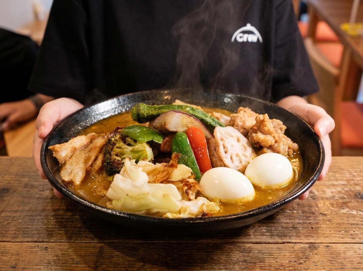 Hands holding a steaming, overflowing bowl of Japanese soup curry packed with vegetables and two boiled eggs. Hands holding a steaming, overflowing bowl of Japanese soup curry packed with vegetables and two boiled eggs.