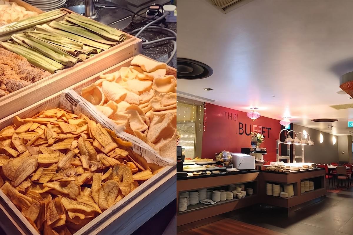 A selection of fried snacks, including banana chips and crackers, displayed at The Buffet restaurant. A selection of fried snacks, including banana chips and crackers, displayed at The Buffet restaurant.