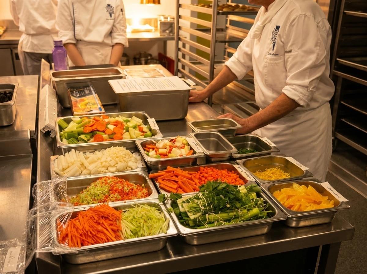 A professional kitchen counter lined with numerous metal trays containing neatly prepped and chopped vegetables, herbs, and citrus slices, with chefs in white uniforms standing in the background. A professional kitchen counter lined with numerous metal trays containing neatly prepped and chopped vegetables, herbs, and citrus slices, with chefs in white uniforms standing in the background.