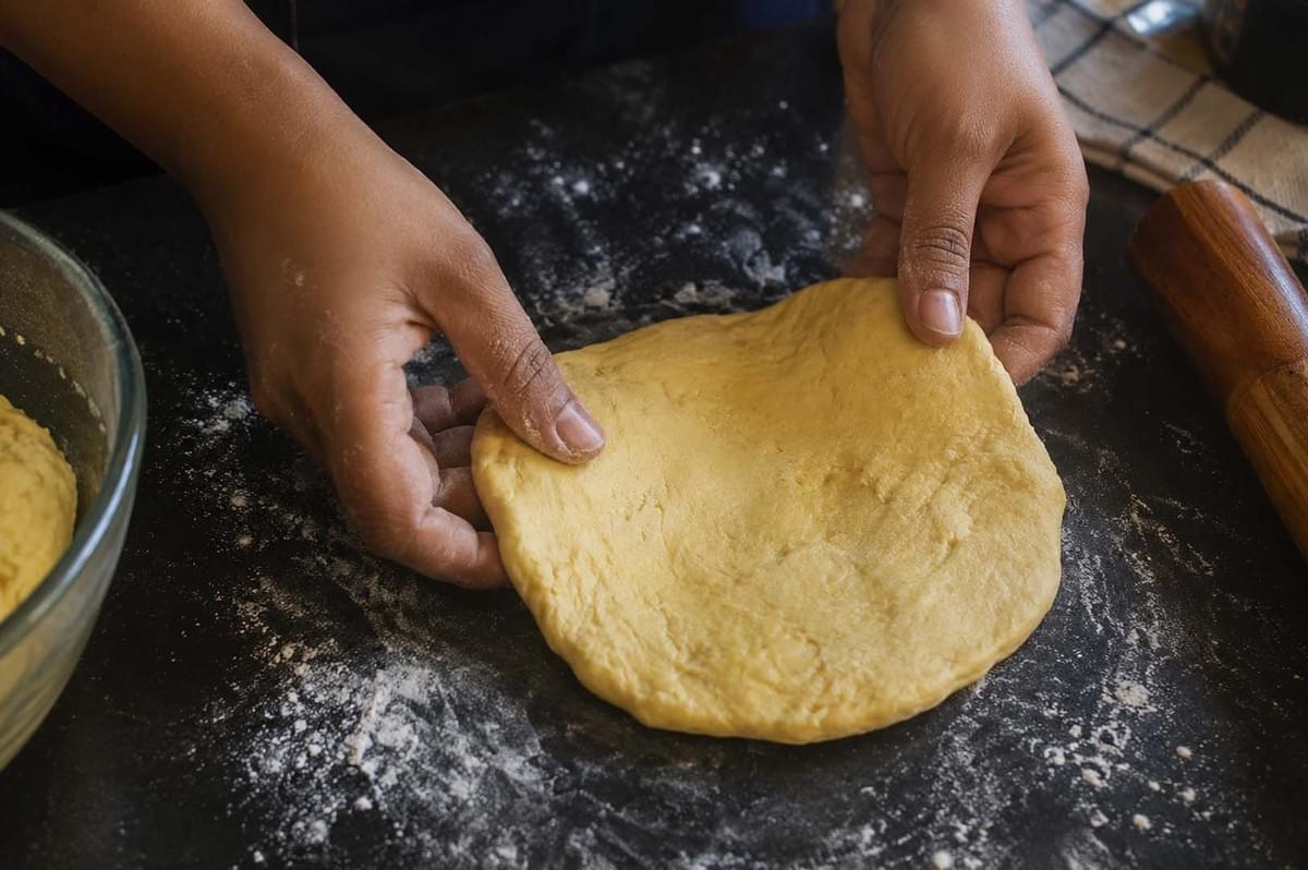 Hands pressing yellow dough on a floured countertop Hands pressing yellow dough on a floured countertop