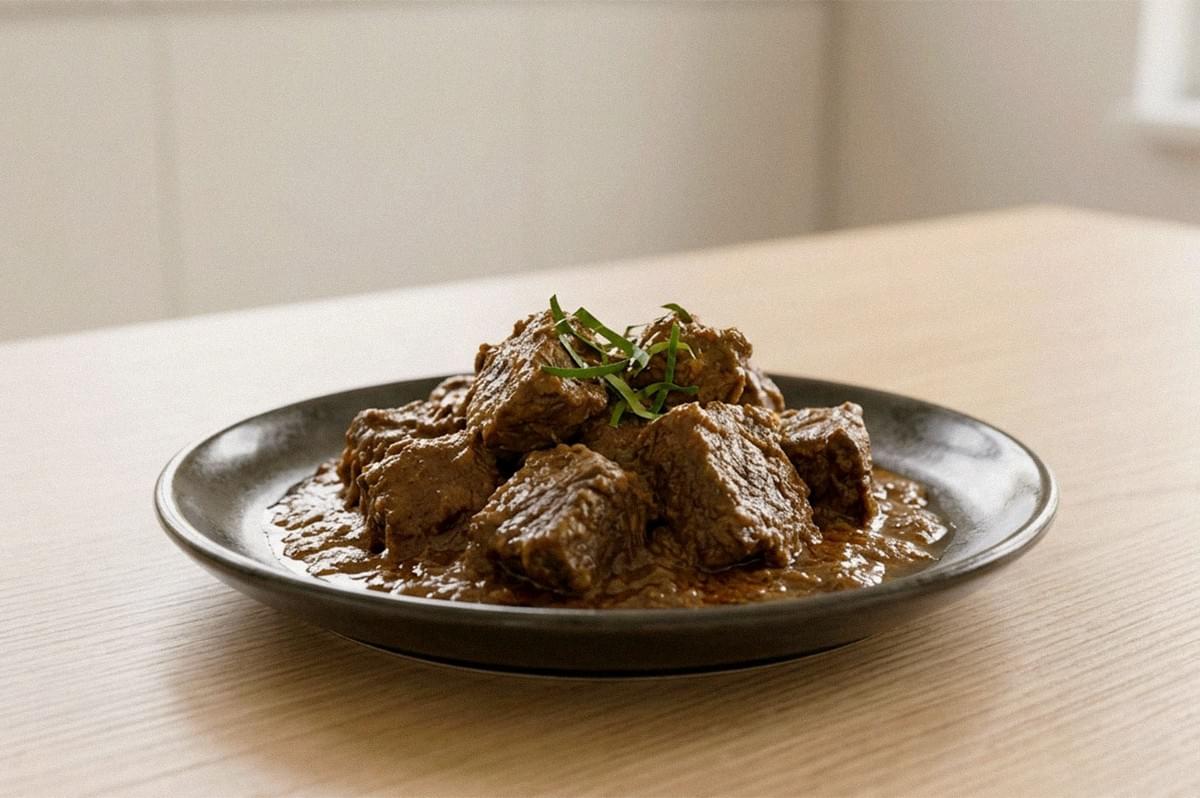 Plate of braised beef in a rich brown sauce, garnished with sliced green onions. Plate of braised beef in a rich brown sauce, garnished with sliced green onions.