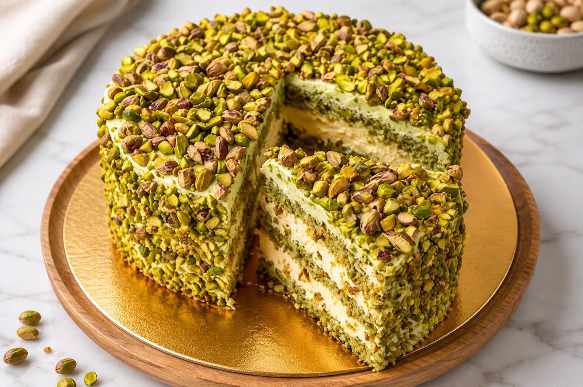 A multi-layer pistachio cake completely covered on the top and sides with crushed bright green pistachios, with one slice pulled forward. A multi-layer pistachio cake completely covered on the top and sides with crushed bright green pistachios, with one slice pulled forward.
