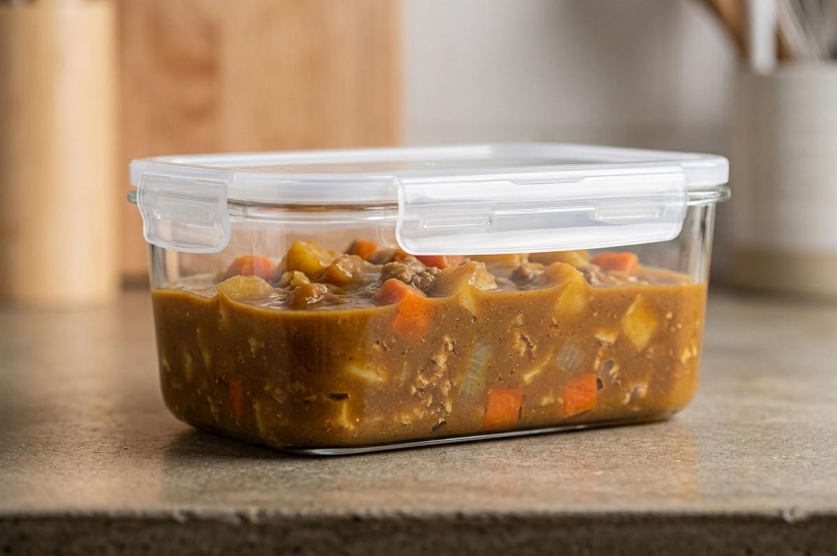 Glass storage container filled with homemade Japanese curry containing meat and vegetables Glass storage container filled with homemade Japanese curry containing meat and vegetables