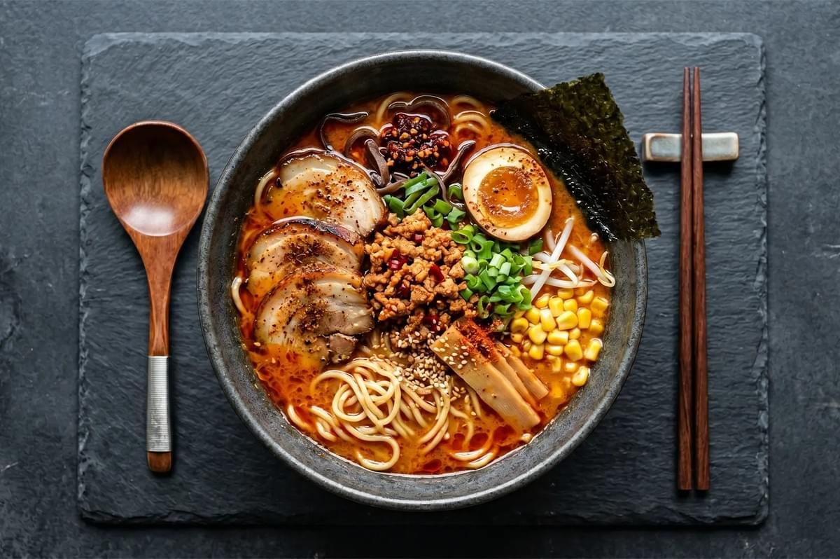 A bowl of spicy ramen topped with chashu pork, soft-boiled egg, corn, and nori on a slate background. A bowl of spicy ramen topped with chashu pork, soft-boiled egg, corn, and nori on a slate background.