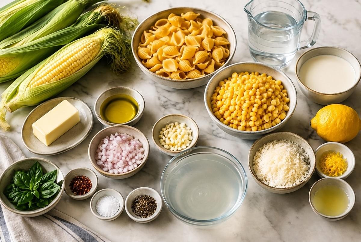 Flat-lay layout of corn pasta ingredients, including sweet corn, pasta shells, cream, butter, shallots, and herbs. Flat-lay layout of corn pasta ingredients, including sweet corn, pasta shells, cream, butter, shallots, and herbs.