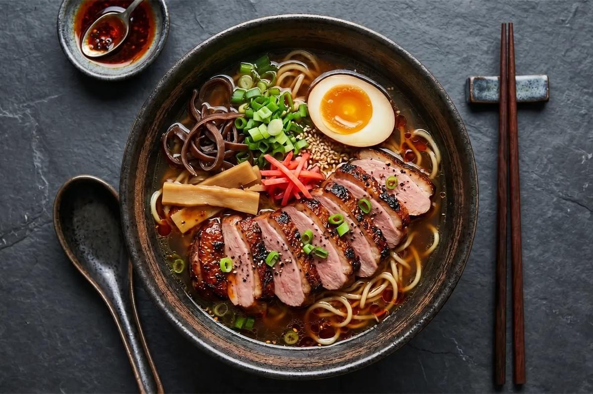 A bowl of Japanese smoked duck ramen with noodles, a soft-boiled egg, and green onions. A bowl of Japanese smoked duck ramen with noodles, a soft-boiled egg, and green onions.