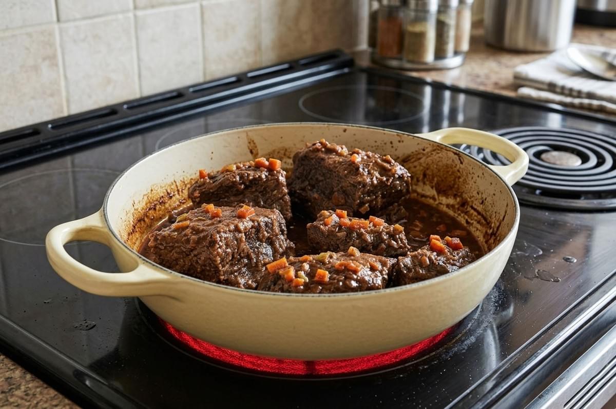 Cream enameled cast iron pot on a glowing electric burner, simmering large chunks of braised beef with vegetables in rich brown sauce Cream enameled cast iron pot on a glowing electric burner, simmering large chunks of braised beef with vegetables in rich brown sauce