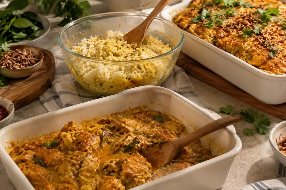 An overhead shot of a countertop setup during the assembly of a curry chicken rice bake, displaying white ceramic baking dishes filled with coconut chicken curry and seasoned rice alongside bowls of fresh herbs, fried shallots, and wooden serving spoons. An overhead shot of a countertop setup during the assembly of a curry chicken rice bake, displaying white ceramic baking dishes filled with coconut chicken curry and seasoned rice alongside bowls of fresh herbs, fried shallots, and wooden serving spoons.